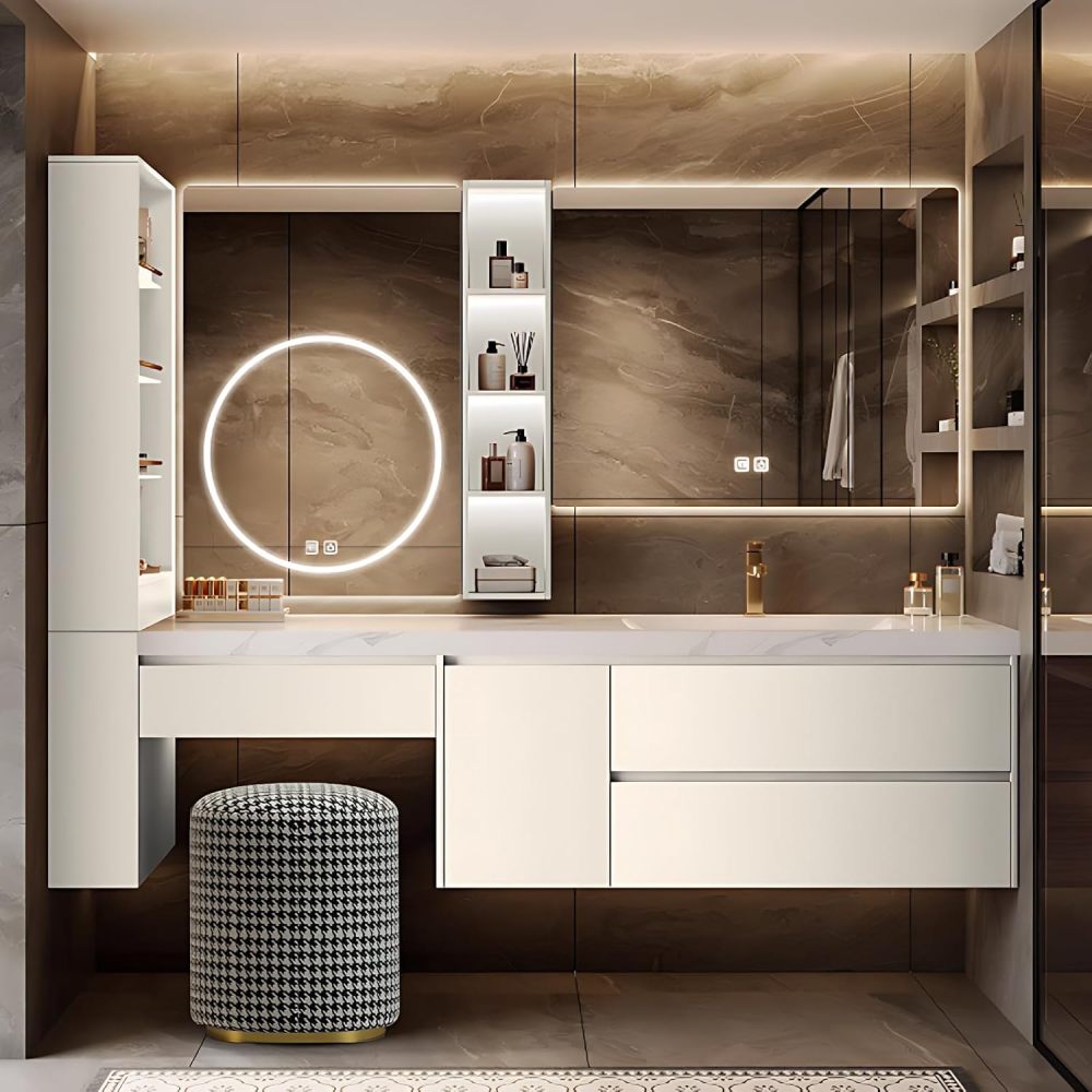 Floating Bathroom Vanity - Modern Bathroom Vanity Set with Seamless Sink & Smart LED Defog Mirror Cabinet, Wall-Mount Makeup Table with Drawers, Includes Makeup Stool (Off-White, 68IN)