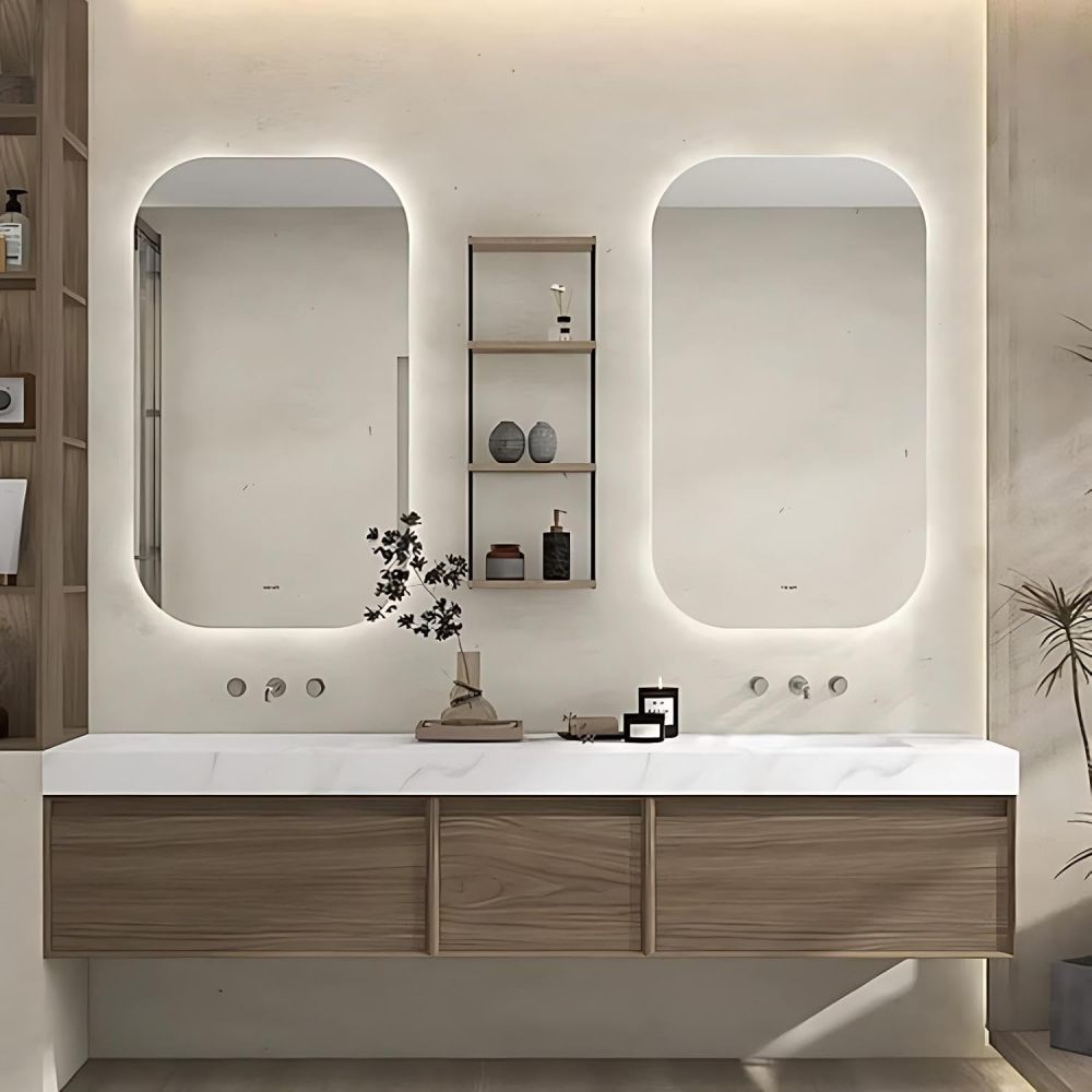 82IN Double Sink Bathroom Vanity - Modern Bathroom Vanity with 2 Smart Defog Mirror, Solid Wood Sink Cabinet with Multiple Storage Areas, No Assembly Required