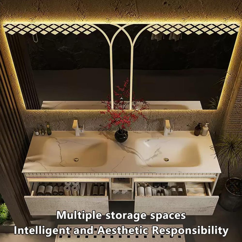 72IN Double Sink Bathroom Vanity - Bathroom Vanity with Anti-Fog Mirror, Solid Wood Sink Cabinet with Drawers, Complete Accessorie, Fully Assembled