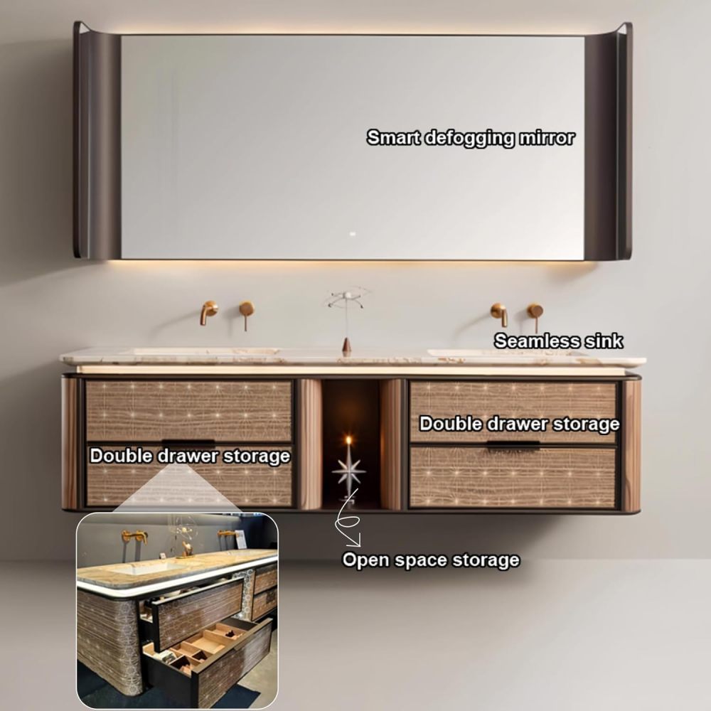 90IN Double Sink Bathroom Vanity - Luxury Bathroom Vanity with Smart Defog Mirror, Modern Sink Cabinet with 2 Cabinet Door Storage, Complete Accessories, No Assembly Required