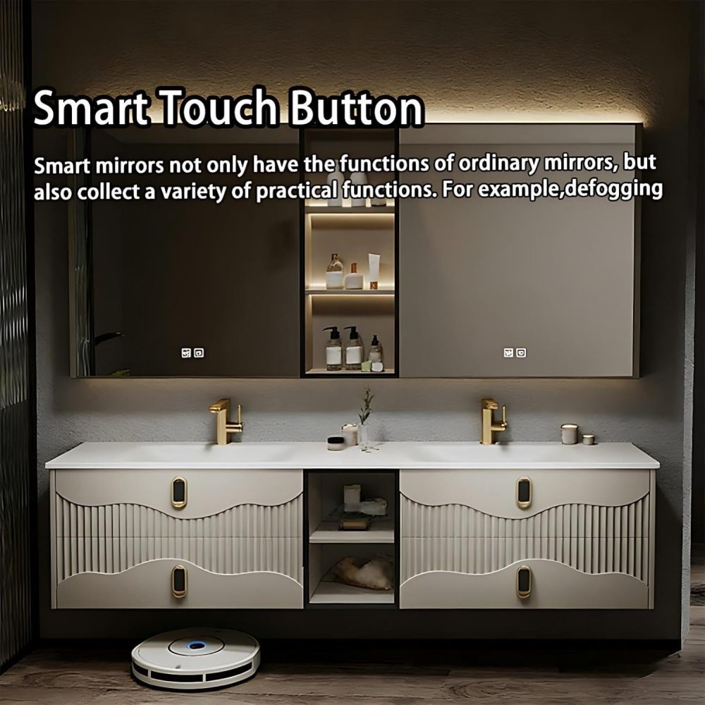 72IN Bathroom Vanity - Modern Floating Bathroom Vanity with Sink, Solid Wood Wall-Mounted Sink Cabinet, Anti-Fog Mirror & Storage, Fully Assembled, Mirror B
