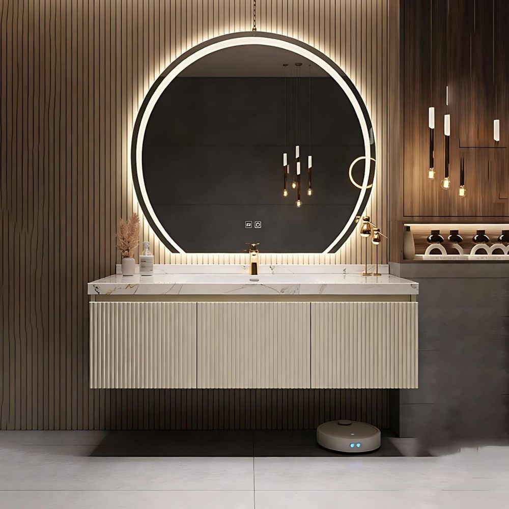 60IN Bathroom Vanity - Modern Bathroom Vanity with Anti-Fog Mirror Cabinet, One-Touch Defog & Lighting, Floating Bathroom Vanity Cabinet with Storage, Multi-Layer Solid Wood Material