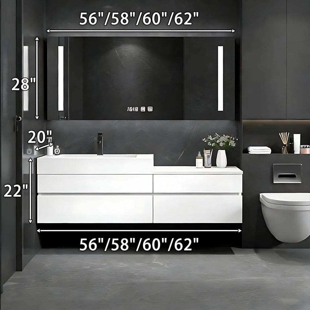 60IN Bathroom Vanity - Modern Bathroom Vanity with Smart Defog Mirror, One-Touch Defog & Lighting, Floating Bathroom Sink Cabinet with 4 Drawers, Multi-Layer Solid Wood Material
