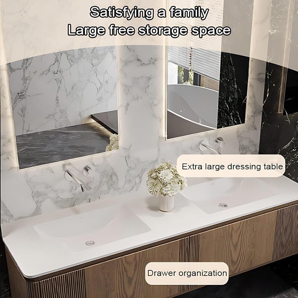 62IN Double Sink Bathroom Vanity - Solid Wood Bathroom Vanity with Smart Defog Mirror, Modern Sink Cabinet with 2 Large Capacity Drawers, No Assembly Required