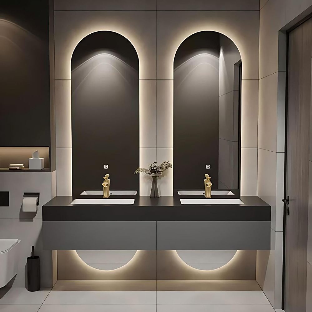 60IN Double Sink Bathroom Vanity - Floating Bathroom Vanity with 2 Smart Defogger Mirror & 2 Drawers, One-Touch Defog & Lighting, Modern Sink Cabinet, Black - Mirror