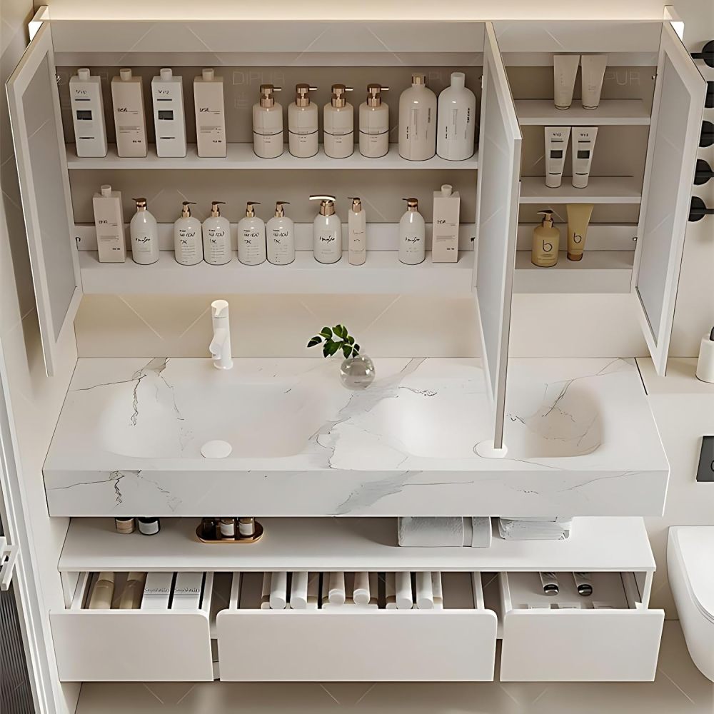 Bathroom Vanity - Modern Double Sink Bathroom Vanity, Including Sink & LED Smart Defog Function | Wall Mount | Multi-Layer Solid Wood Material (White, 88")