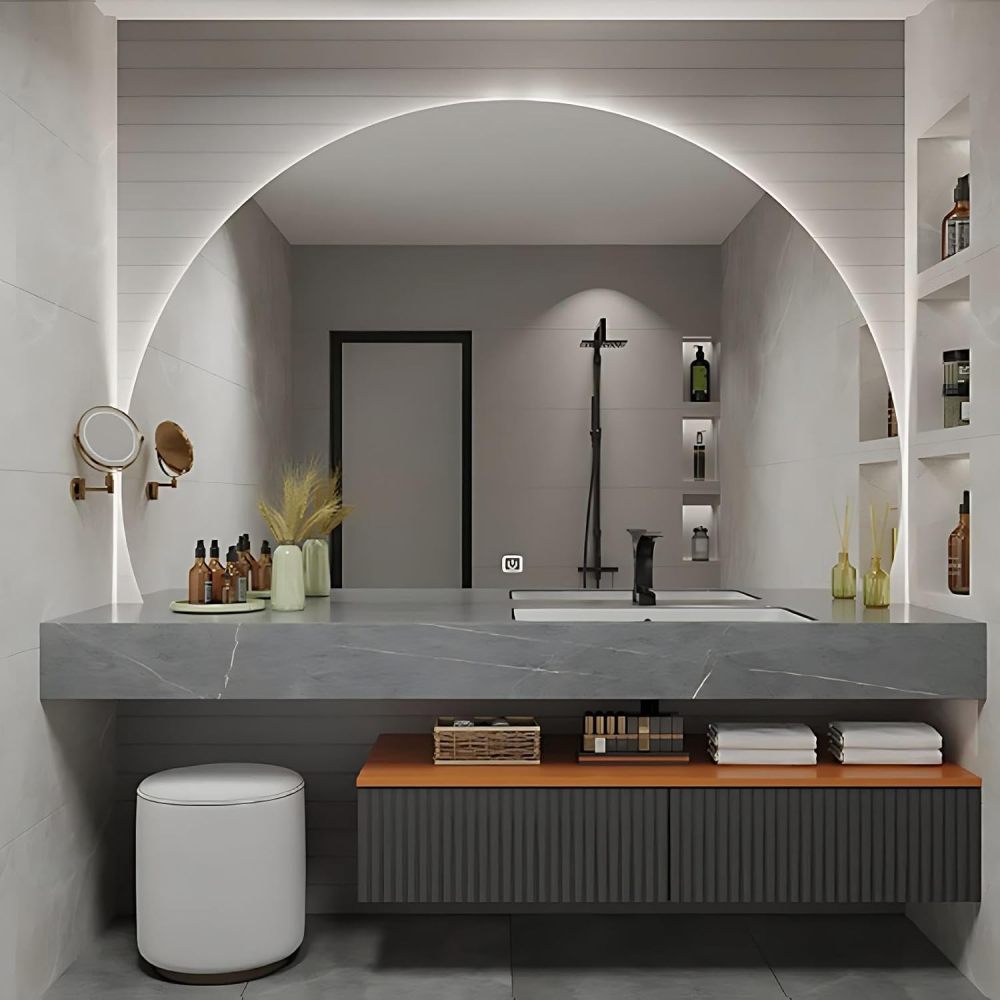 60IN Bathroom Vanity with Sink - Modern Bathroom Vanity with Smart Defog Mirror, One-Touch Defog & Lighting, Stylish Sink Cabinet with 2 Drawerse, Includes Stool, Grey-B