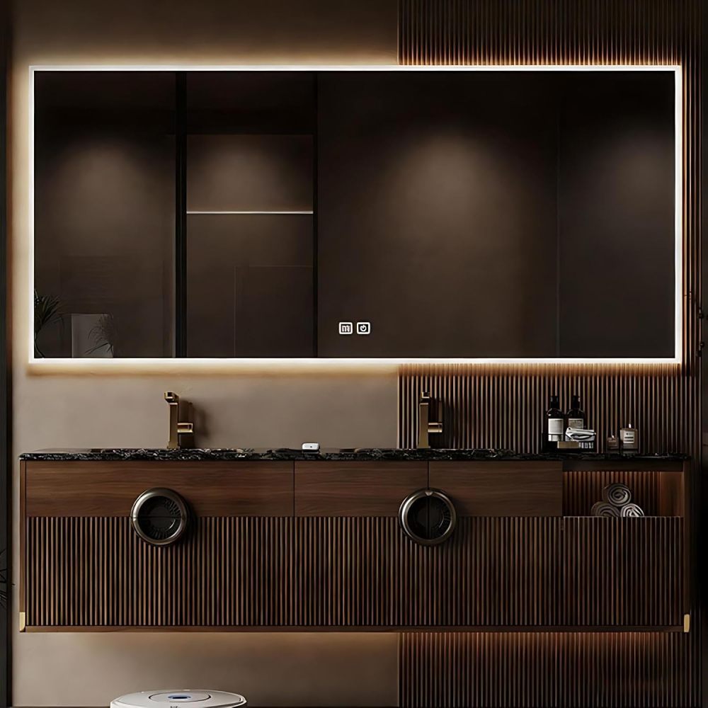 70IN Double Sink Bathroom Vanity - Luxury Bathroom Vanity with Smart Defog Mirror, Solid Wood Sink Cabinet with Multiple Storage Areas & Seamless Sink, No Assembly Required