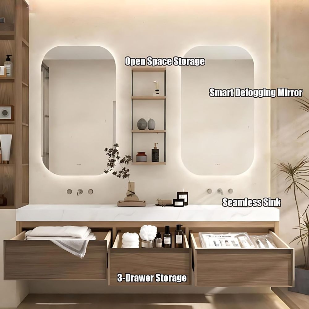 82IN Double Sink Bathroom Vanity - Modern Bathroom Vanity with 2 Smart Defog Mirror, Solid Wood Sink Cabinet with Multiple Storage Areas, No Assembly Required