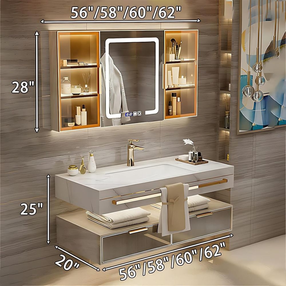 60IN Bathroom Vanity with Sink - Luxury Bathroom Vanity with Smart Defogger Mirror, One-Touch Defog & Lighting, Sink Cabinet with 2 Drawers & TowelRack, Off White - Mirror