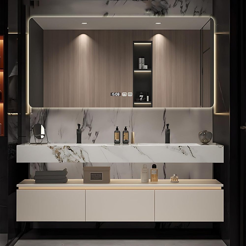 Modern Bathroom Vanity - Double Sink Bathroom Vanity, Includes Faucet & Smart Defog Mirror Combination | Suitable for Large Spaces | Multi-Layer Solid Wood Material