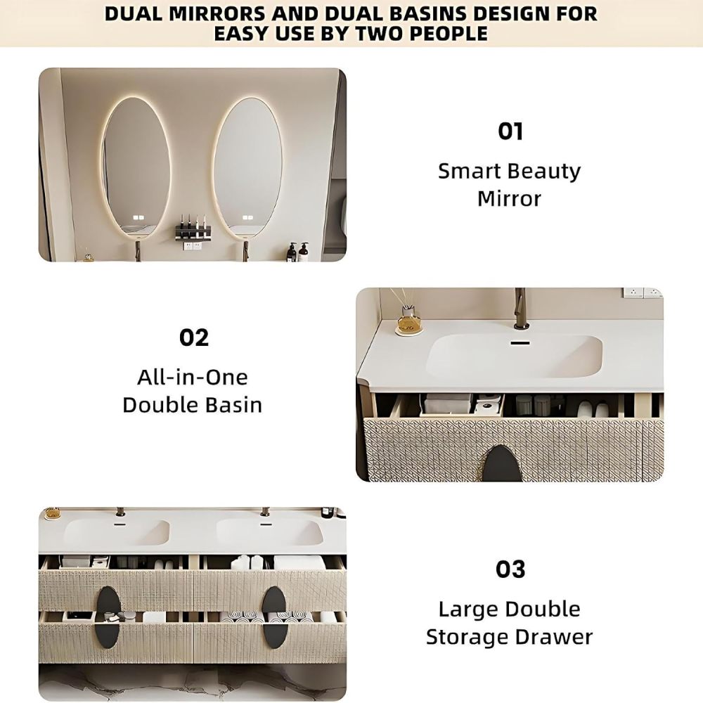 58IN Bathroom Vanity - Solid Wood Single Sink Bathroom Vanity Include Smart Oval Mirror & Defogging Function, Large Capacity Drawers, Complete Accessorie, Fully Assembled, Off-White