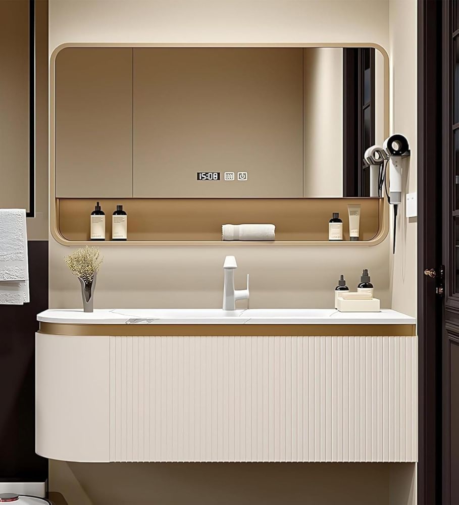 58IN Floating Bathroom Vanity with Sink - Elegant Vanity Sink Cabinet with LED Smart Defogging Mirror and Open Shelf, Striped Drawer, Integrated Sink, Includes Accessories, White