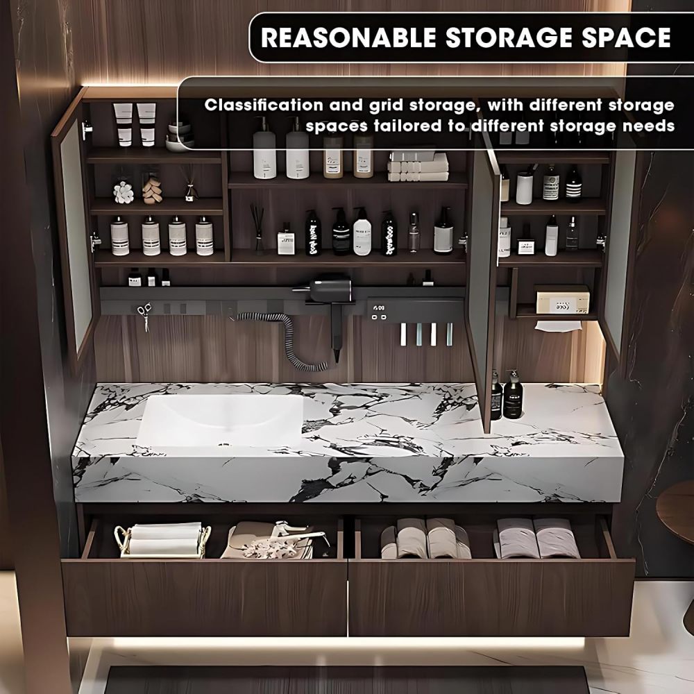 Bathroom Vanity with Sink - Modern Bathroom Sink Cabinet & Smart Mirror Cabinet Set, Wall-Mounted Floating Vanity, Equipped with Faucet and Drain Pipe Set (36")