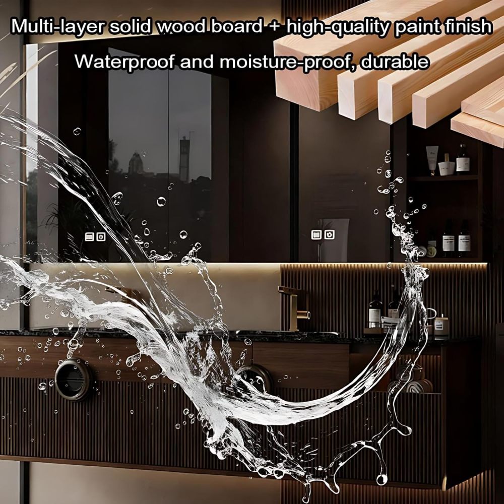 70IN Double Sink Bathroom Vanity - Luxury Bathroom Vanity with Smart Defog Mirror, Solid Wood Sink Cabinet with Multiple Storage Areas & Seamless Sink, No Assembly Required