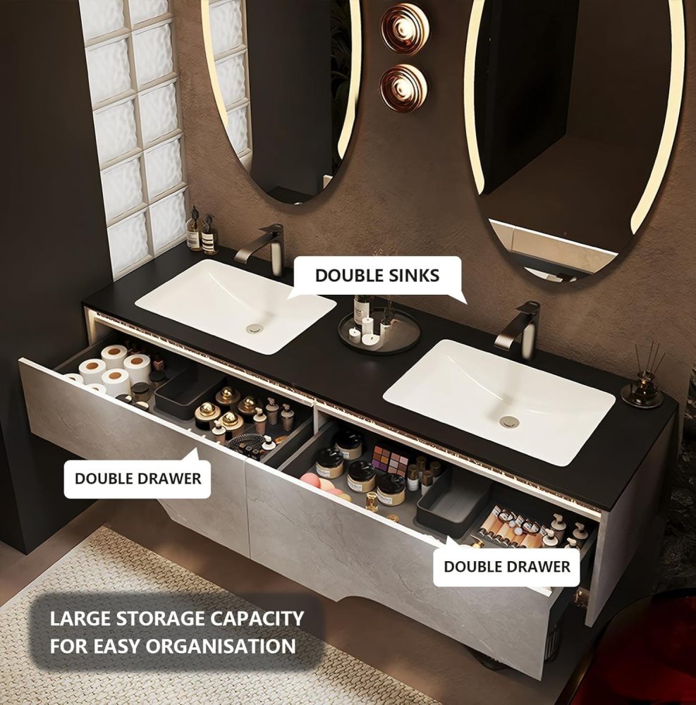 66IN Double Sink Bathroom Vanity - Floating Solid Wood Sink Cabinet, Two Oval Defog Mirrors & Integrated Sink Countertop, Bathroom Vanity with Light, Includes Accessories, Modern White