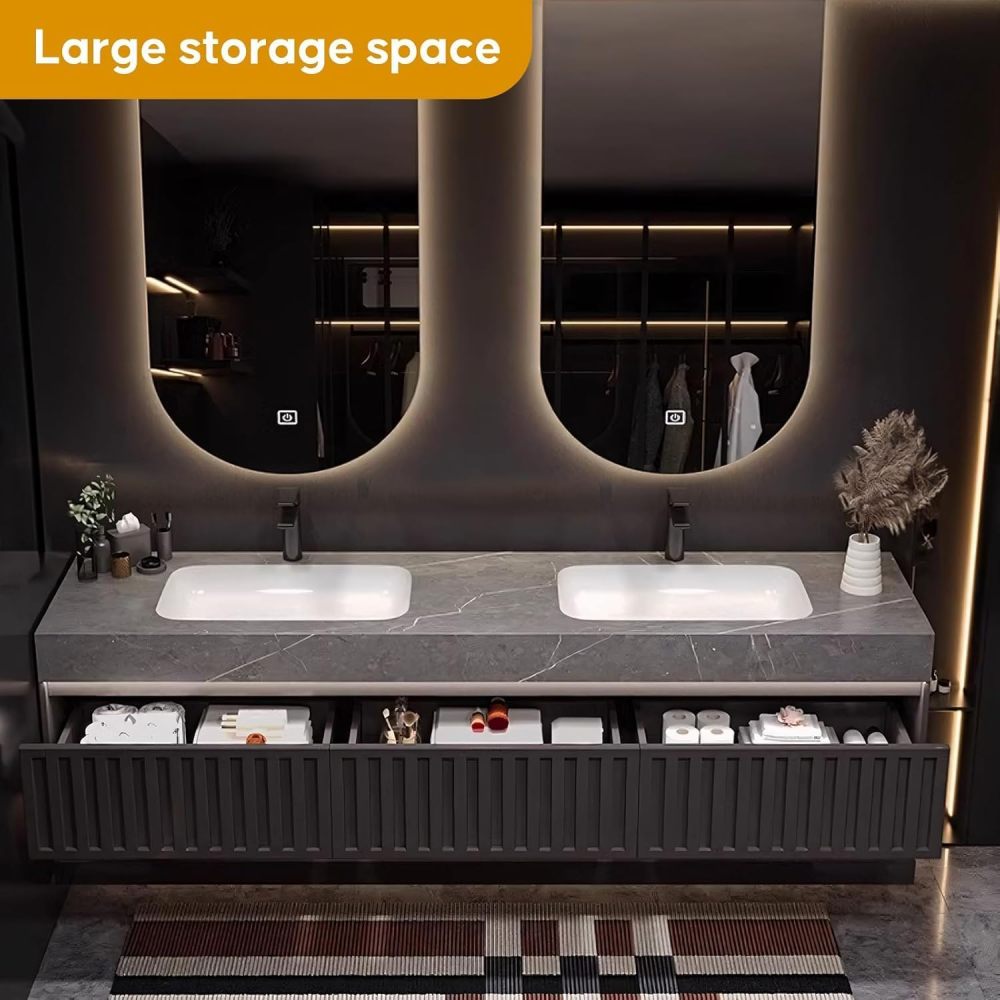 96IN Bathroom Vanity Double Sink - Modern Solid Wood Vanity with Smart Defog LED Mirrors, Luxury Bath Sink Cabinet with Drawers, Integrated Marble Countertop, Includes Accessories, Black