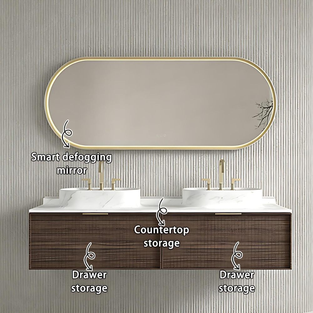 60IN Double Sink Bathroom Vanity - Solid Wood Bathroom Vanity with Smart Defog Mirror, Floating Sink Cabinet with 2 Drawers, Complete Accessories, No Assembly Required, Wood