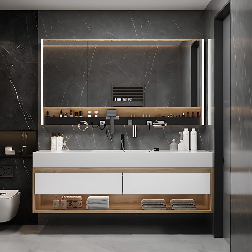 Elegant Bathroom Vanity with Sink - Durable Bathroom Sink Cabinet & Intelligent Defogging LED Mirror Set | Wall Mount | Multi-Layer Solid Wood Material | Modern and Stylish Design (88")