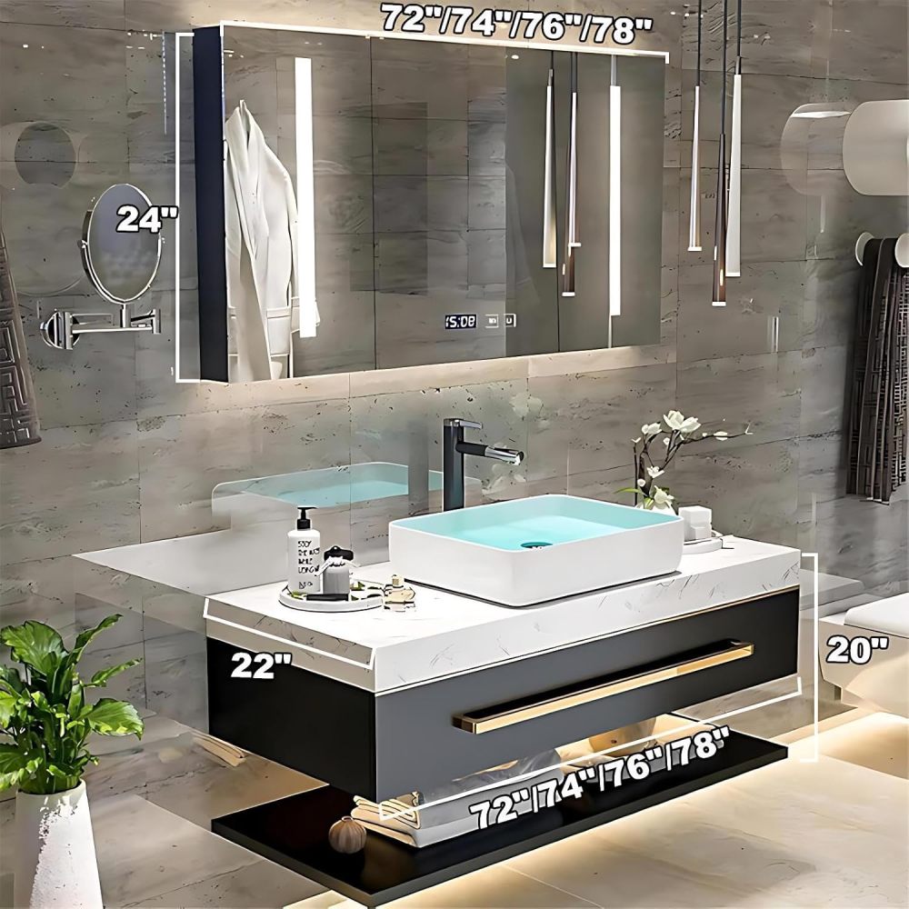74IN Bathroom Vanity Sink Set - Bathroom Vanity with Sink, Stylish Design, Wall Mounted Floating LED Smart Defog Mirror Cabinet, Large Storage Drawer, Complete Accessorie, Black
