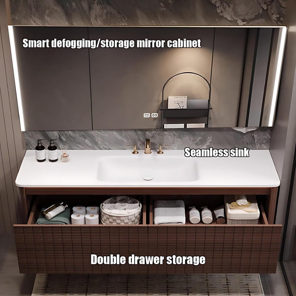 58IN Bathroom Vanity with Sink - Smart Bathroom Vanity with Smart Defog Mirror, Floating Sink Cabinet with 2 Large Capacity Drawers, Customizable Size, No Assembly Required