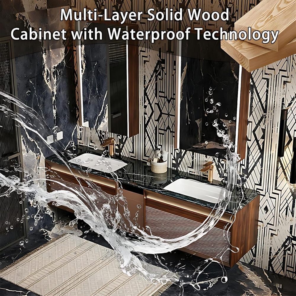 60IN Double Sink Bathroom Vanity - Luxury Bathroom Vanity with Smart Defog Mirror, Floating Sink Cabinet with Multiple Storage Areas, No Assembly Required, Brown - Mirror