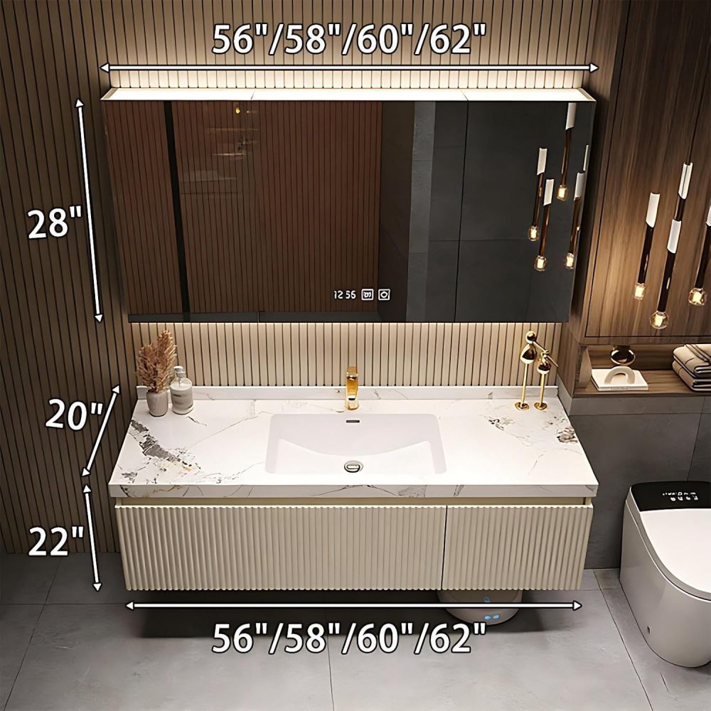 60IN Bathroom Vanity - Modern Bathroom Vanity with Anti-Fog Mirror Cabinet, One-Touch Defog & Lighting, Floating Bathroom Vanity Cabinet with Storage, Multi-Layer Solid Wood Material
