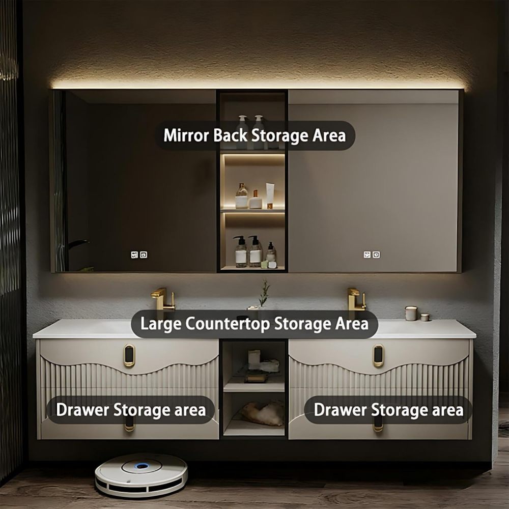 72IN Bathroom Vanity - Modern Floating Bathroom Vanity with Sink, Solid Wood Wall-Mounted Sink Cabinet, Anti-Fog Mirror & Storage, Fully Assembled, Mirror B