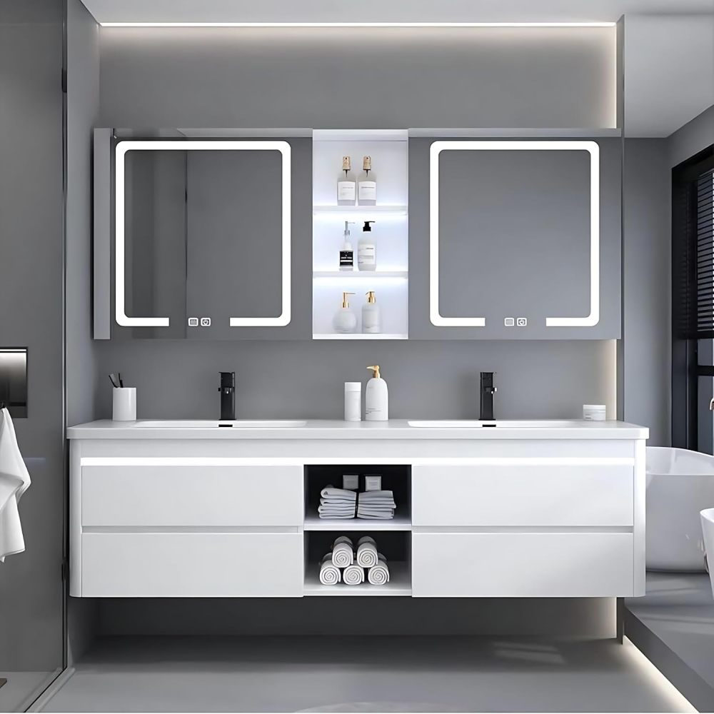 Bathroom Vanity with Sink - Double Sink Bathroom Vanity Cabinet & Smart Mirror Cabinet Set, Wall Mounted Modern Floating Vanity, Suitable for Large Bathrooms (88",White)