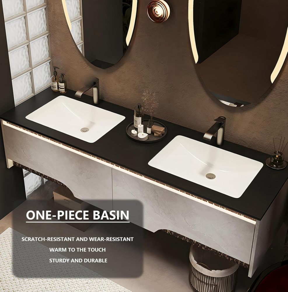 66IN Double Sink Bathroom Vanity - Floating Solid Wood Sink Cabinet, Two Oval Defog Mirrors & Integrated Sink Countertop, Bathroom Vanity with Light, Includes Accessories, Modern White