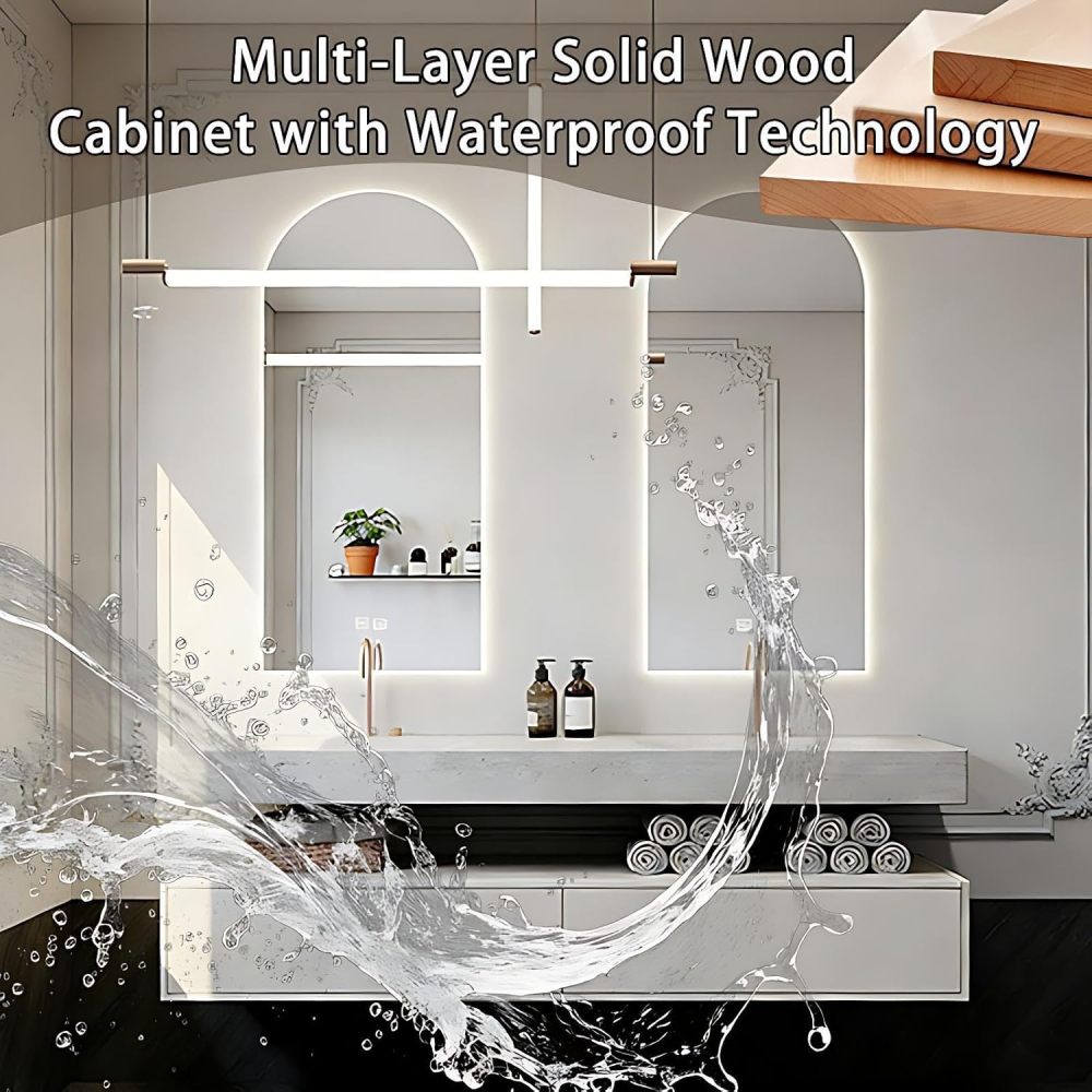 60IN Double Sink Bathroom Vanity - Modern Bathroom Vanity with Smart Defog Mirror, Floating Sink Cabinet with 2 Drawers, Complete Accessories, No Assembly Required, White - Mirror