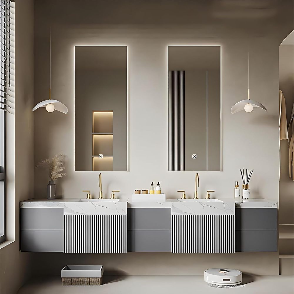 90IN Floating Double Sink Bathroom Vanity - Vanity Cabinet with 2 Intelligent Defog Mirrors, Modern Bath Vanity with Storage Drawers and Golden Faucet, Includes Accessories, Grey