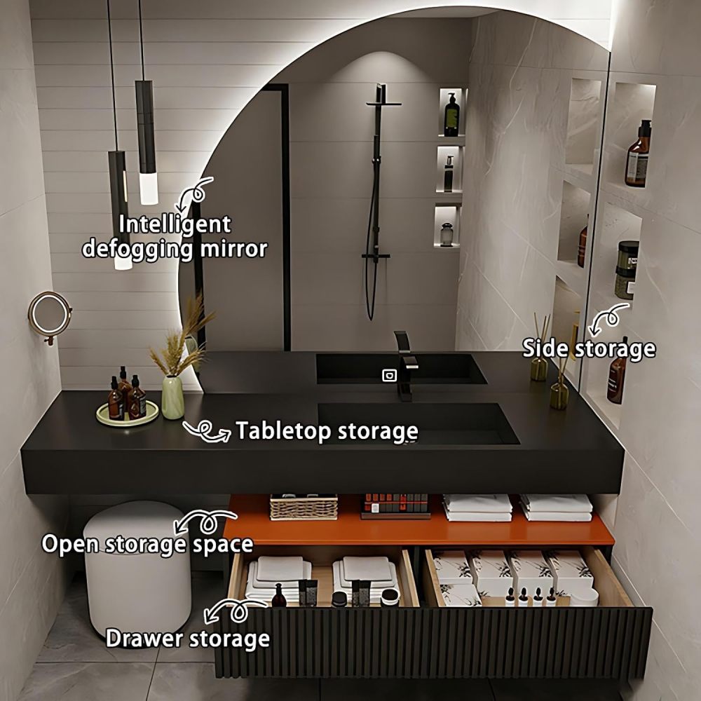 60IN Bathroom Vanity with Sink - Modern Bathroom Vanity with Smart Defog Mirror, One-Touch Defog & Lighting, Stylish Sink Cabinet with 2 Drawerse, Includes Stool, Grey-A