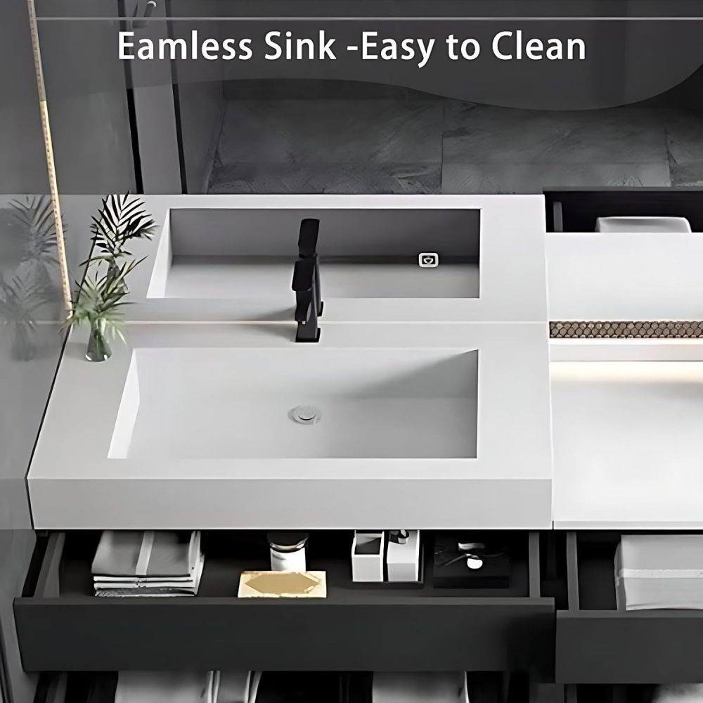 60IN Bathroom Vanity - Modern Bathroom Vanity with Smart Defog Mirror, One-Touch Defog & Lighting, Floating Bathroom Sink Cabinet with 4 Drawers, Multi-Layer Solid Wood Material