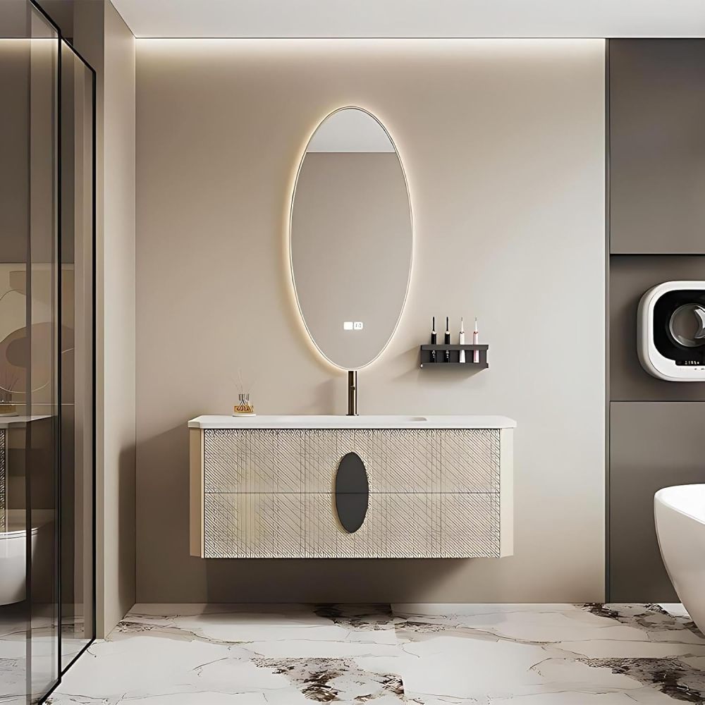 58IN Bathroom Vanity - Solid Wood Single Sink Bathroom Vanity Include Smart Oval Mirror & Defogging Function, Large Capacity Drawers, Complete Accessorie, Fully Assembled, Off-White