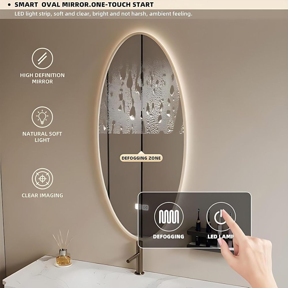 58IN Bathroom Vanity - Solid Wood Single Sink Bathroom Vanity Include Smart Oval Mirror & Defogging Function, Large Capacity Drawers, Complete Accessorie, Fully Assembled, Off-White