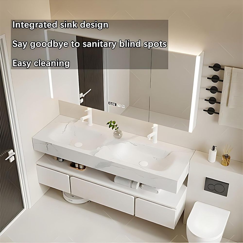 Bathroom Vanity - Modern Double Sink Bathroom Vanity, Including Sink & LED Smart Defog Function | Wall Mount | Multi-Layer Solid Wood Material (White, 88")