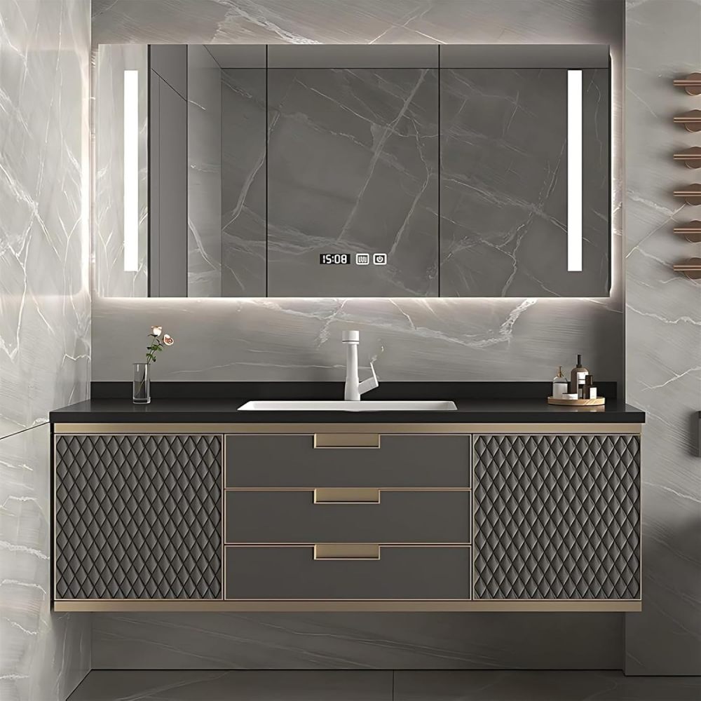 34IN Bathroom Vanity with Sink - Luxury Vanity Sink Set with LED Anti-Fog Mirror & Storage Locker, Floating Bath Vanity with One-piece Countertop, Includes Accessories, Black & Gold