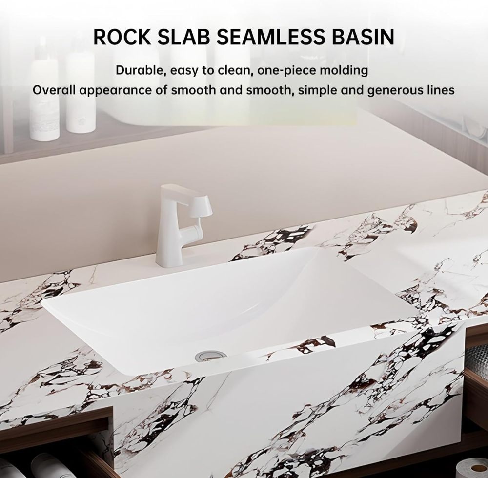 80IN Floating Bathroom Vanity with Sink - Solid Wood Vanity with Smart Defogging Mirror & Marble Rock Plate Basin, Large Storage Drawer, Includes Accessories, Walnut A