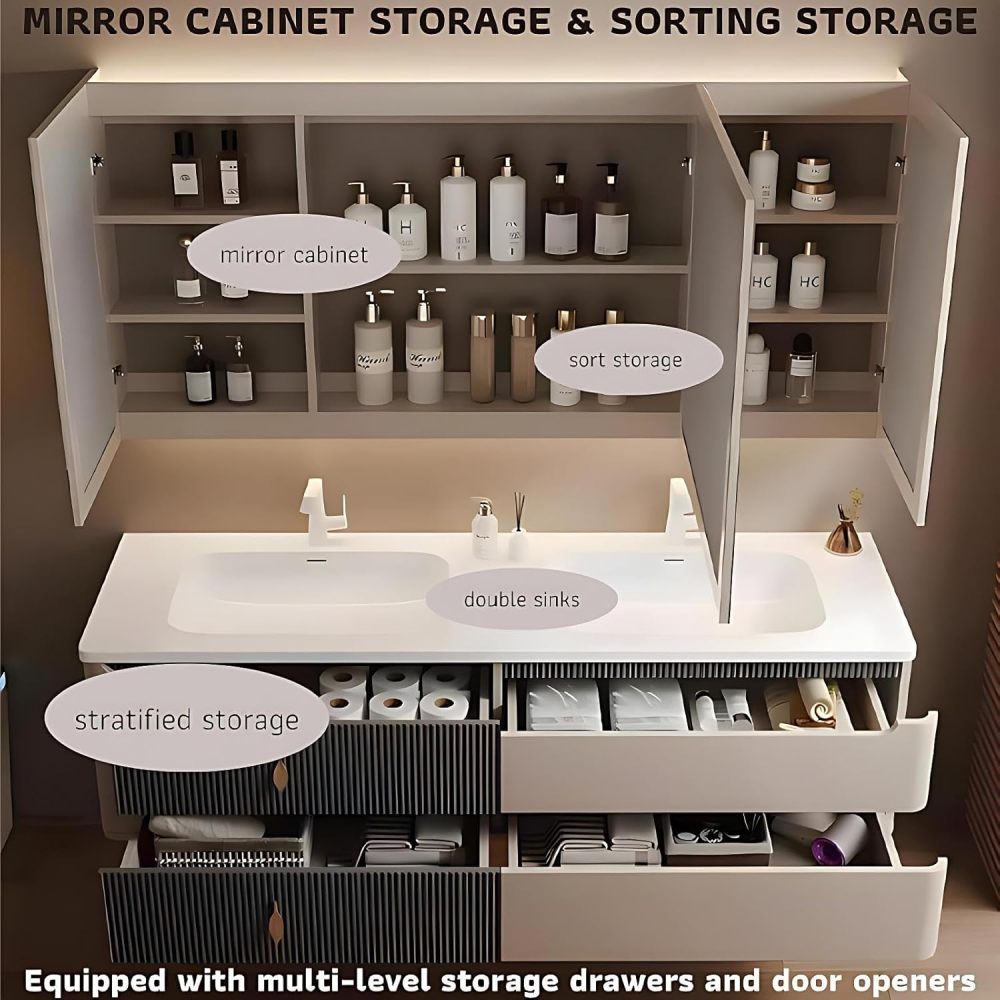 52IN Bathroom Vanity Double Sink - Wall Mount Bathroom Vanity with Double Sink, Includes Anti-Fog Mirror Cabinet and Complete Accessorie, Solid Wood, Fully Assembled, Khaki