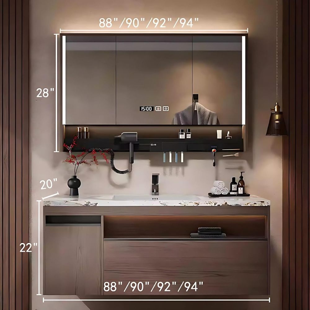 94IN Bathroom Vanity with Sink - Modern Bathroom Vanity with Smart Defog Mirror, Solid Wood Sink Cabinet with Multiple Storage Areas, Complete Accessories, No Assembly Required