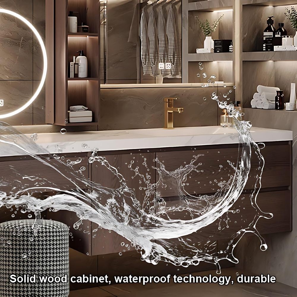 Floating Bathroom Vanity - Modern Bathroom Vanity Set with Seamless Sink & Smart LED Defog Mirror Cabinet, Wall-Mount Makeup Table with Drawers, Includes Makeup Stool (Off-White, 68IN)