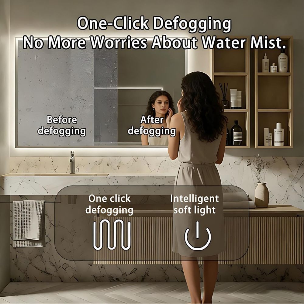 60IN Bathroom Vanity - Modern Bathroom Vanity with Smart Defog Mirror, One-Touch Defog & Lighting, Solid Wood Floating Sink Cabinet with Multiple Storage Areas, No Assembly Required