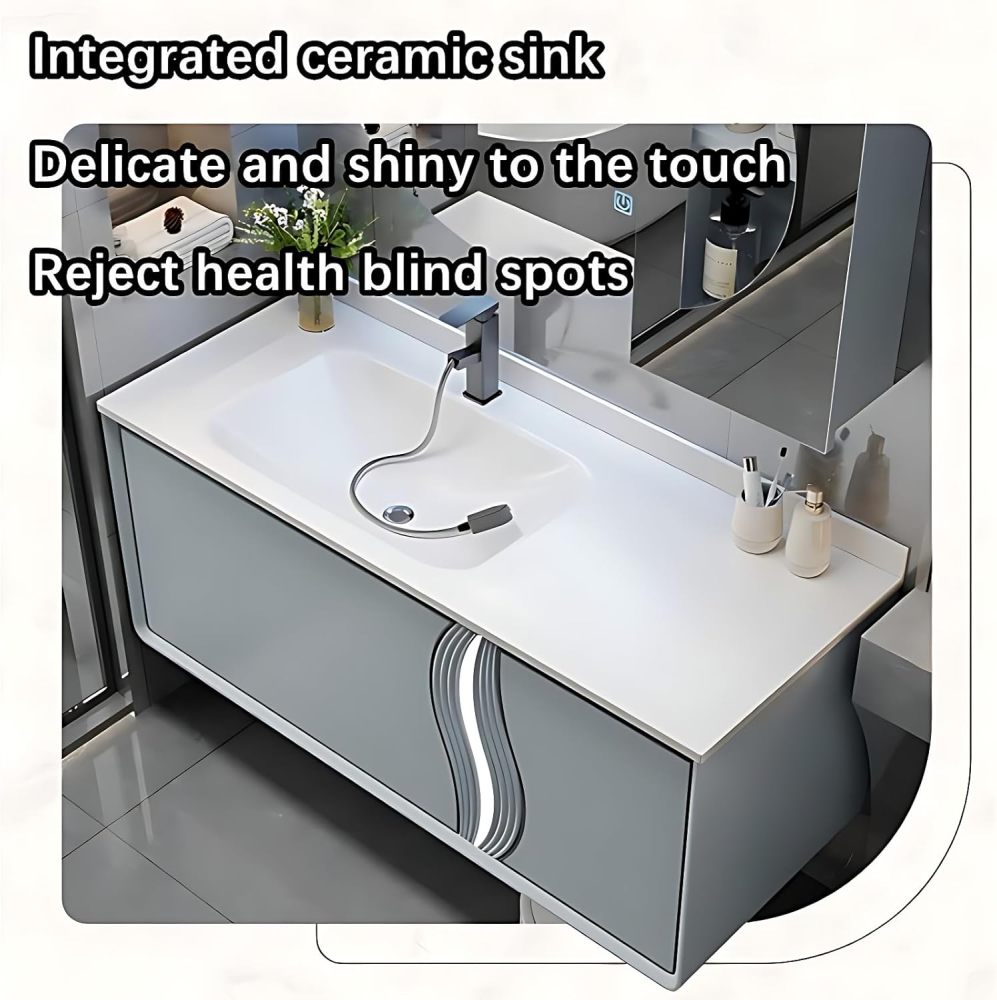 Bathroom Vanity - Modern Bathroom Vanity with Sink & LED Smart Defog Function | Wall Mount | Multi-Layer Solid Wood Material | Modern and Stylish Design (Square Mirror, 36")