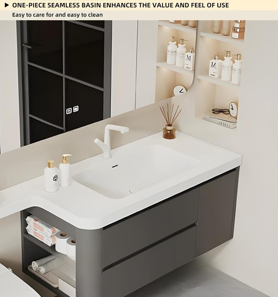 98IN Floating Bathroom Vanity with Sink - Modern Sink Set with Smart Defog Mirror Cabinet & Extended Countertop, Large Storage Space & Soft Closing Doors, Includes Accessories, Grey