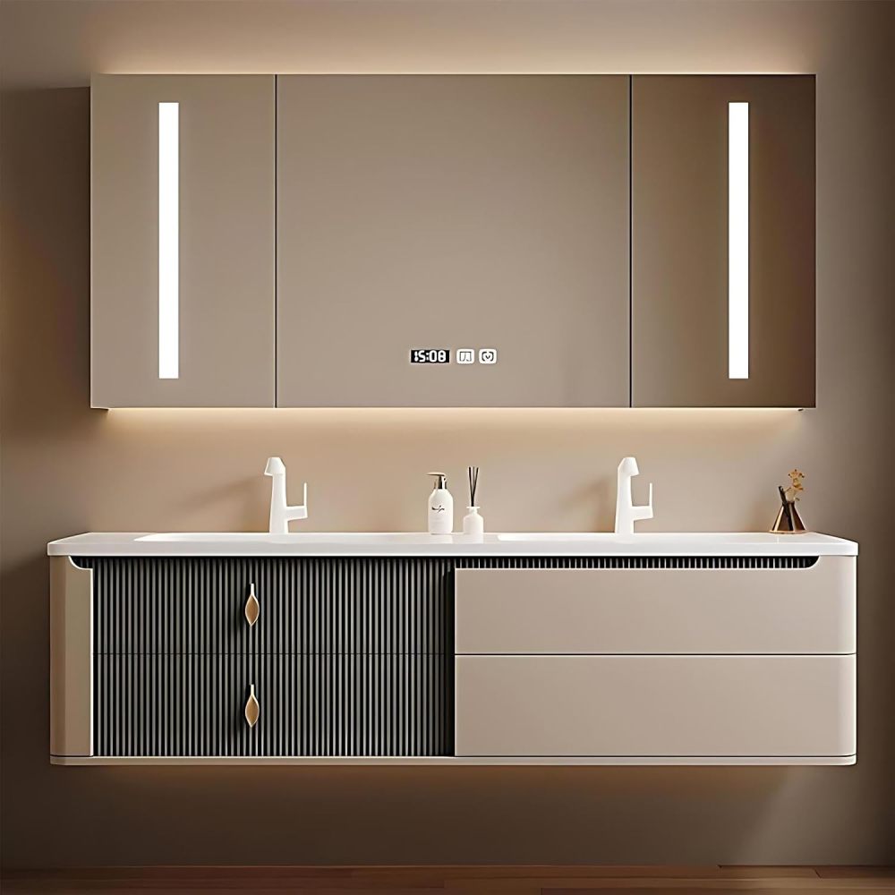 52IN Bathroom Vanity Double Sink - Wall Mount Bathroom Vanity with Double Sink, Includes Anti-Fog Mirror Cabinet and Complete Accessorie, Solid Wood, Fully Assembled, Khaki