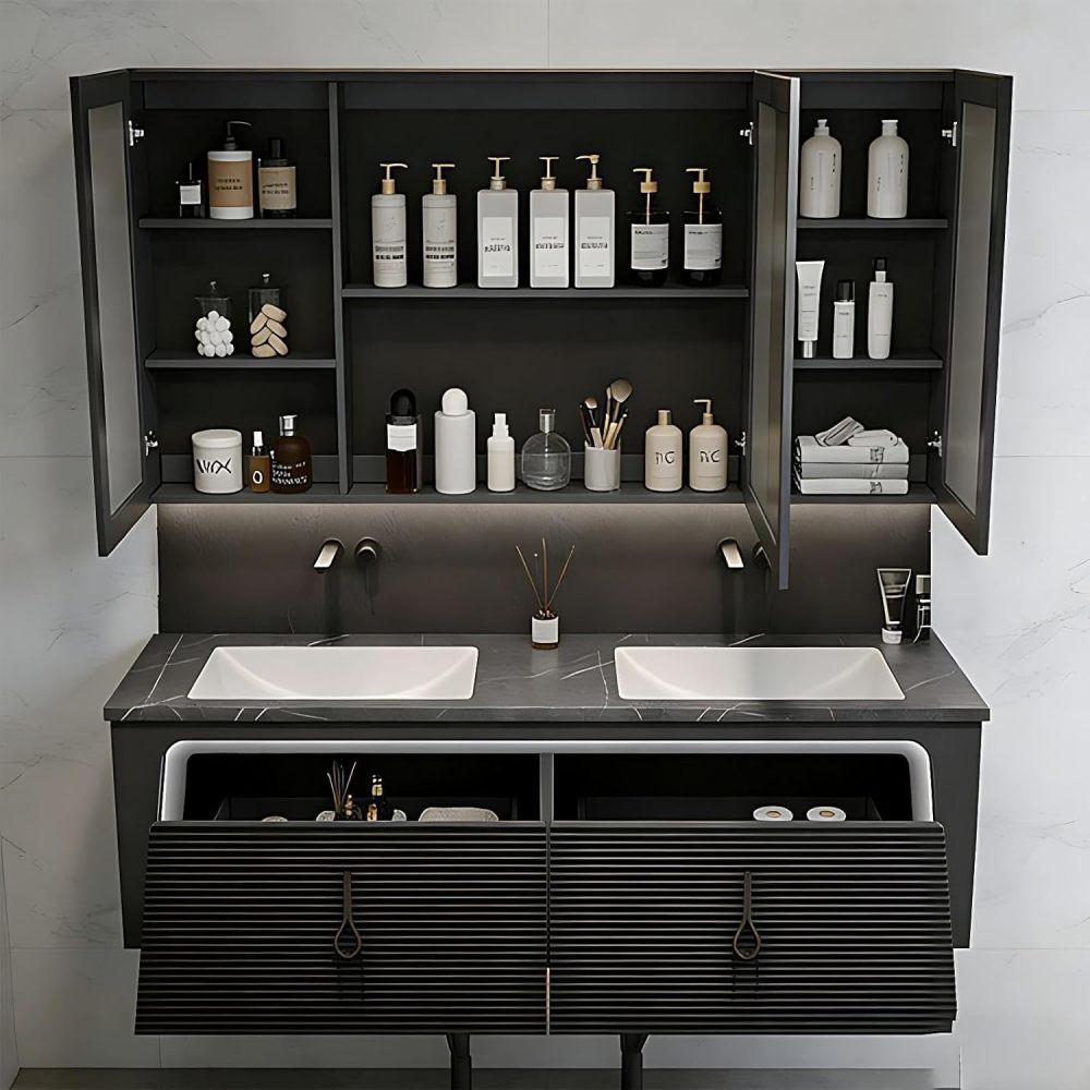 60IN Bathroom Vanity - Luxury Bathroom Vanity with Smart Defog Mirror, One-Touch Defog & Lighting, Floating Sink Cabinet with 2 Large Capacity Drawers, No Assembly Required, Brown