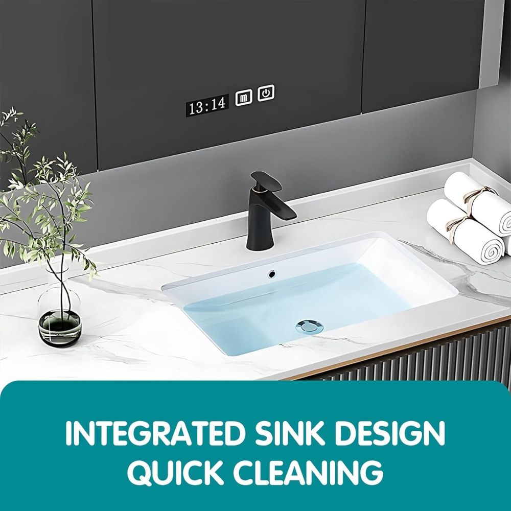 34IN Bathroom Vanity with Sink - Luxury Vanity Sink Set with LED Anti-Fog Mirror & Storage Locker, Floating Bath Vanity with One-piece Countertop, Includes Accessories, Black & Gold