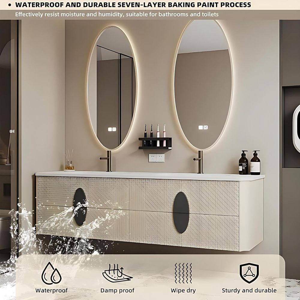 58IN Bathroom Vanity - Solid Wood Single Sink Bathroom Vanity Include Smart Oval Mirror & Defogging Function, Large Capacity Drawers, Complete Accessorie, Fully Assembled, Off-White