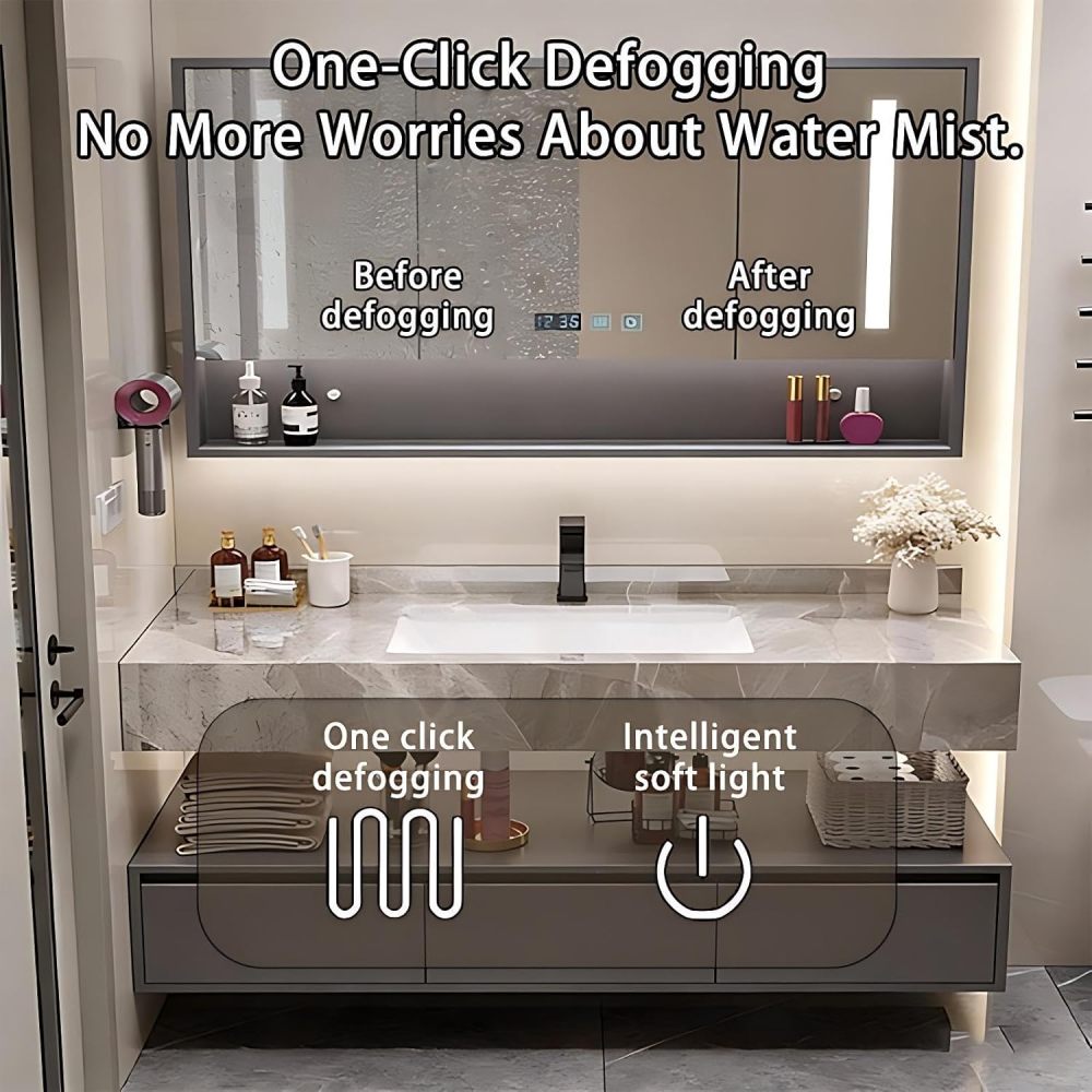 60IN Bathroom Vanity - Modern Bathroom Vanity with Smart Defog Mirror, One-Touch Defog & Lighting, Floating Bathroom Sink Cabinet with 3 Drawers & Seamless Sink, No Assembly Required